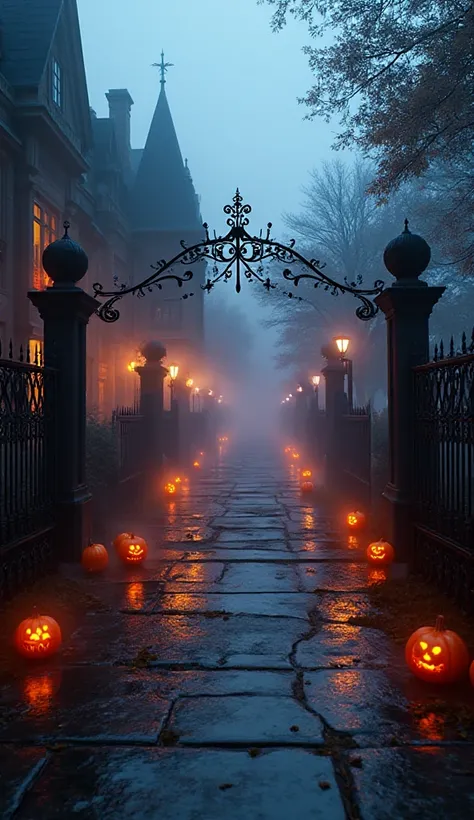 Ultra realistic 3D cinematic first-person view walking through the foggy driveway of a luxury mansion decorated for Halloween — ...
