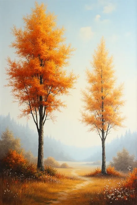 A realistic oil painting of an autumn landscape in a classic impressionist style. Two tall trees with golden and rusty orange le...