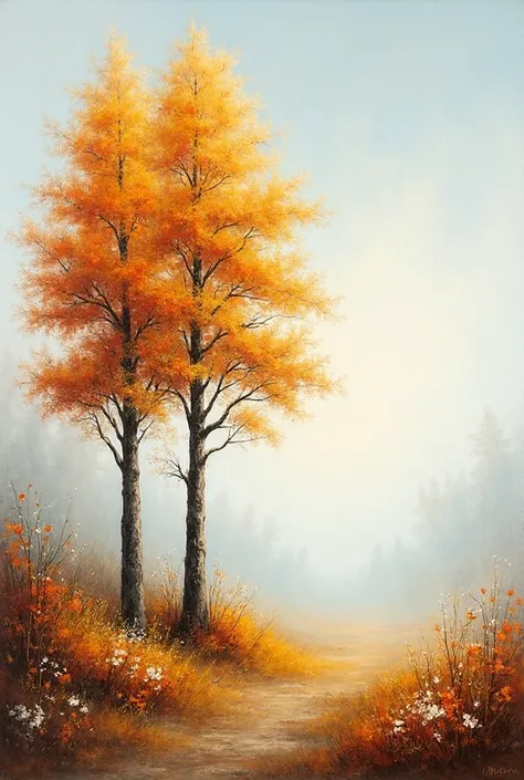 A realistic oil painting of an autumn landscape in a classic impressionist style. Two tall trees with golden and rusty orange le...