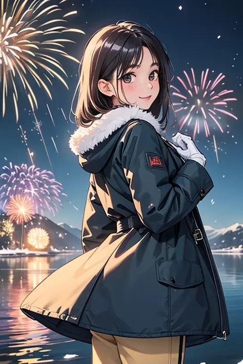 Young Girl with Long Brown Hair, smile Yang、back side、looking back over the shoulder、茶色のeyeと平均的なバスト、 (((Long raitoburu down coat...