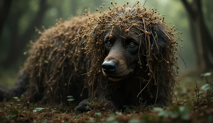 a dog with alot of burrs on it
