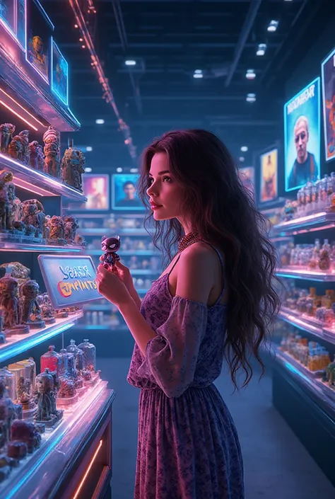 Beautiful girl with A vibrant semi-realistic digital illustration of Ryan, a 29-year-old male movie merchandise shopper, browsin...