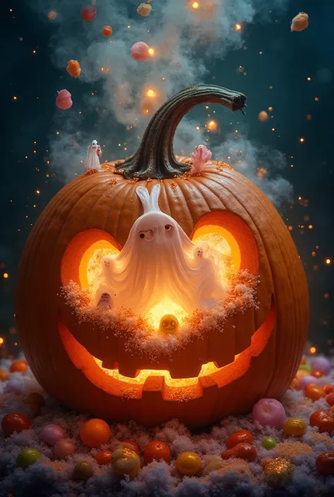 A carved Halloween pumpkin emitting ethereal ghosts, a cascade of colorful candies, fluffy cotton candy, and sparkling glitter. ...