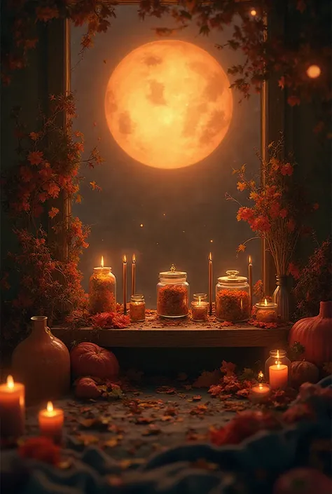 A cozy witchcraft altar with autumn leaves, candles, herbs, spell jars, and warm orange moonlight. Feminine magical aesthetic, s...