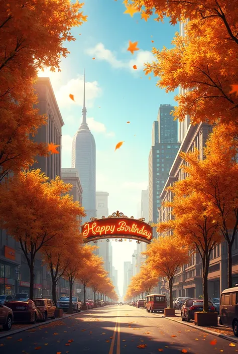 Postcard with a beautiful autumn city, sunny weather, babe summer. Tall buildings, trees with golden leaves and leaves in the ai...