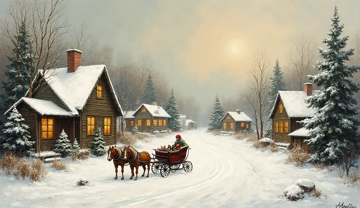 Old-fashioned rustic oil painting, snowy Christmas village with cozy cabins, warm glowing windows, horse-drawn sleigh on a snow-...