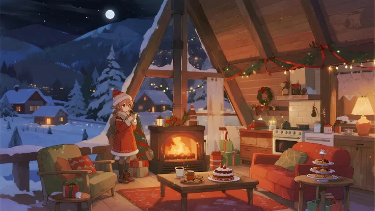 The interior of a cozy old hut in the forest, there are hunting tools, Cung, hatching, gun , and there is a fur plate, fireplace...