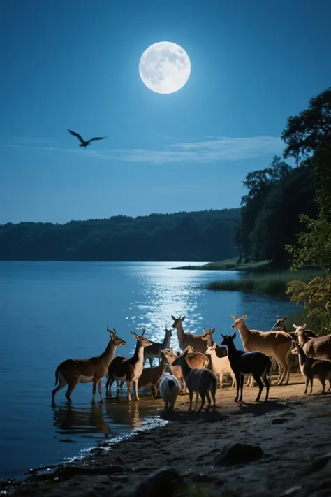 Close-up of animals gathering on a moonlit lakeside