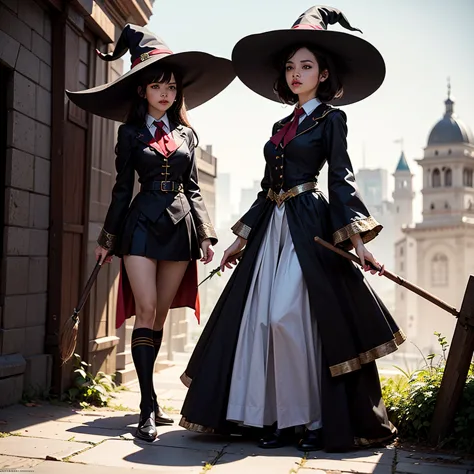 rugged girl witch wearing a magic school uniform, large wide-brimmed witch hat, cinematic, elaborate, elegant, masterpiece, illu...