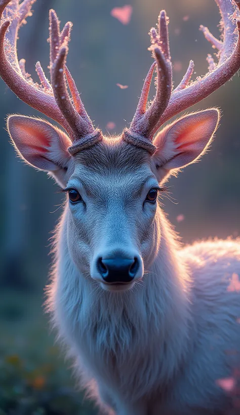 Close-up of a majestic stag with crystalline antlers refracting dreamlight, fur shimmering with pastel hues like a shifting mira...