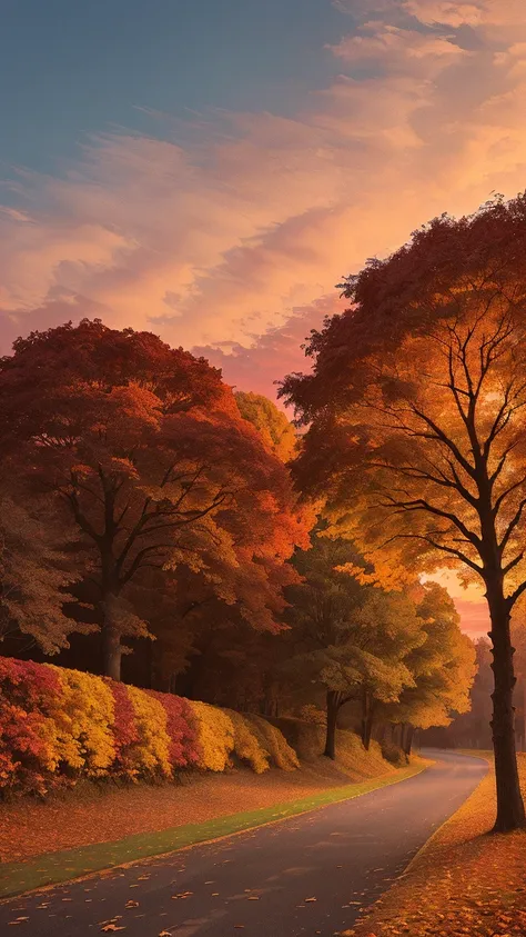 Trees with autumn leaves, landscape, leaves, soft red sky, clouds,