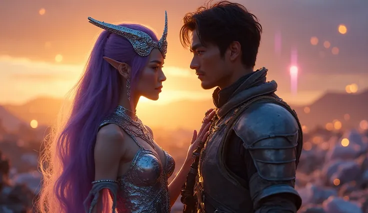 Scene: After the battle, under the glowing sunset and aurora sky, the alien queen and the human stand together among the quiet c...