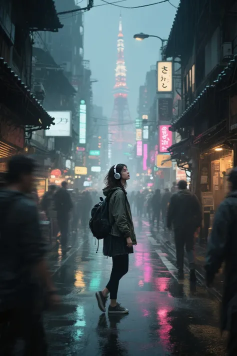 lost in Tokyo, wandering woman, female traveler, urban explorer, fascinated by the city, confused look, sense of wonder, lone fi...