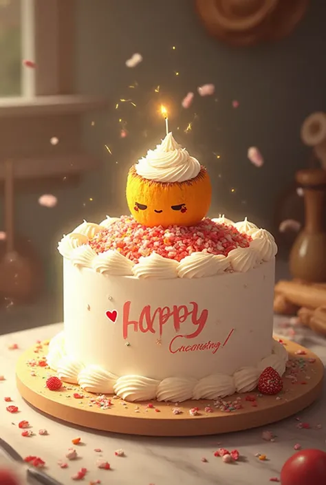 Bake a cake written congratulations love for pooping and make a coconut emoji decoration