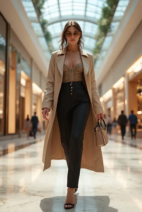 Recreate image with elegant clothes and shopping mall background without modifying the face 