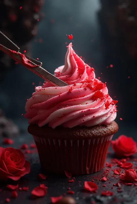Create a cupcake with red and pink whipped cream, that is decorated around small red roses and devours the chasm with a knife