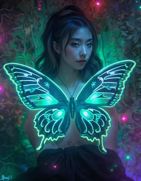 A mesmerizing composition features vibrant neon colors and intricate patterns. The dominant palette is a striking combination of...