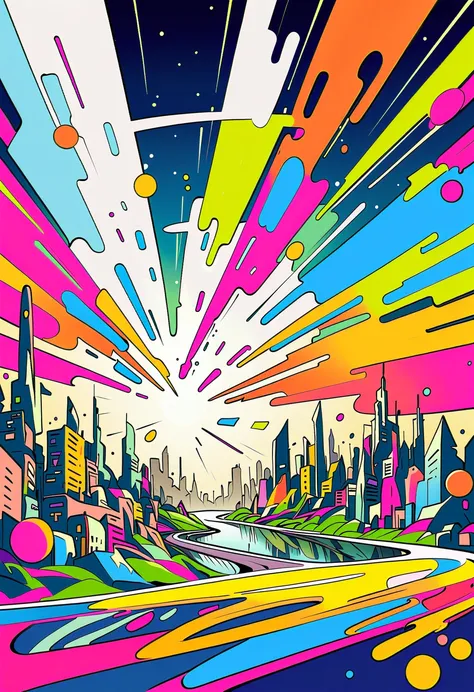 Toridori colorful style, simple line initialism，Abstract art，(((futuristic city))), (((Background is Space))