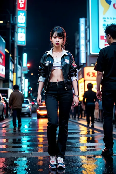 1 high school girl 、in uniform、((she has a Japanese sword))、masterpiece, cinematic, Tokyo at Night, Neon Cyberpunk City, Heavy R...
