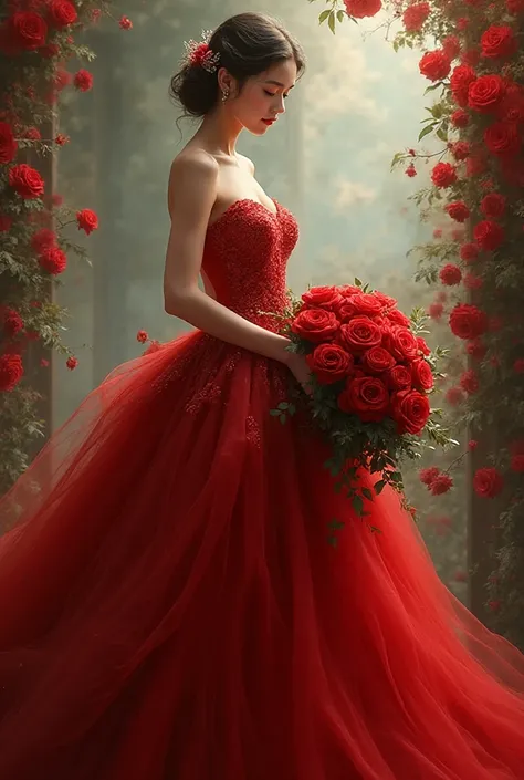 Elegant red dress and bouquet of roses in the hands
