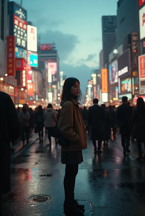 A young woman standing alone at Shibuya Crossing, Tokyo, surrounded by crowds of faceless businesspeople rushing past in all dir...