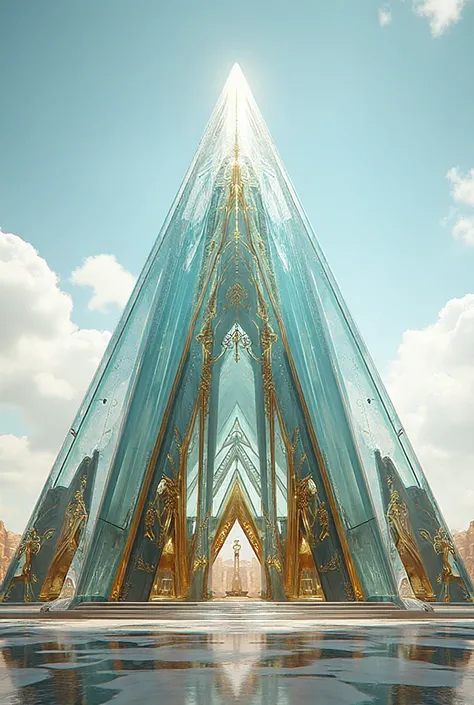 Prompt: A pyramid made of glass, rendered in the Art Deco style with geometric patterns,
streamlined forms, and metallic gold ac...