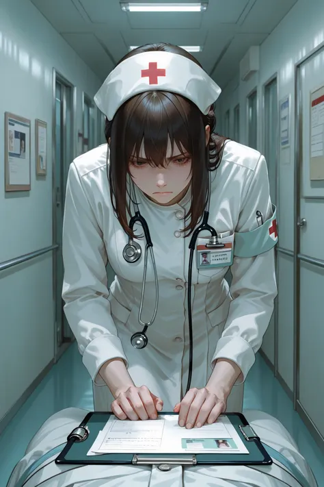 Highest Quality, like the picture, Detailed, young nurse , bowing down to a patient, Hand Holding Clipboard, The natural moveme...