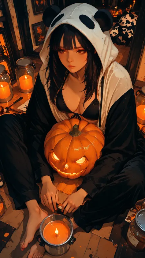 Arang, long black hair, brown eyes, panda hooded pajamas, black bikini top, sitting cross-legged on the floor, painting a large ...