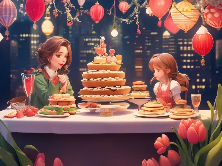 festive spring table with tulips, pancakes and cake, lots of cooking and eating, sausage sandwiches,   side view , skyline low, ...