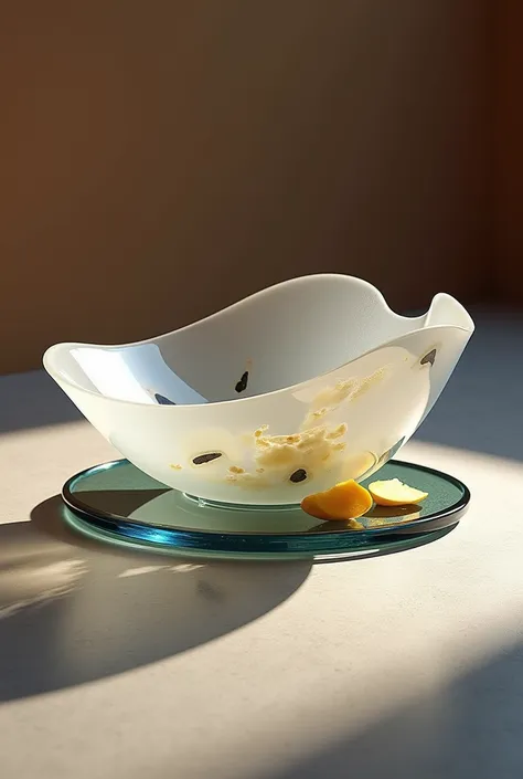 modern glass bowl with smooth curves cathich light reflections, placed on a concrete surface, studio lighting with soft shadows,...