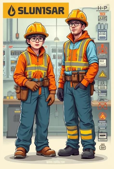 /imagine prompt: Industrial safety poster showing male and female electrical apprentices wearing complete PPE (safety helmet, gl...