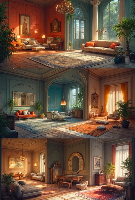 make these interiors have more differences (specifically in colors and decoration)