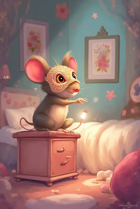 Generate an image of the Pérez mouse wearing a mask stealing a tooth in a style for girls