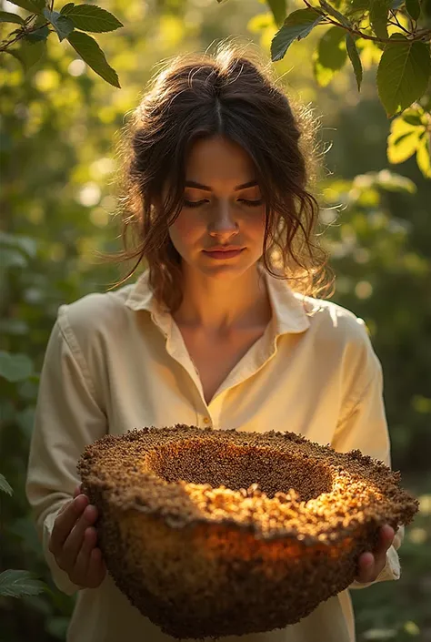 Une personne tient doucement un grand cadre de nid d'abeilles frais recouvert d'abeilles. Le nid d'abeilles est épais, avec une ...