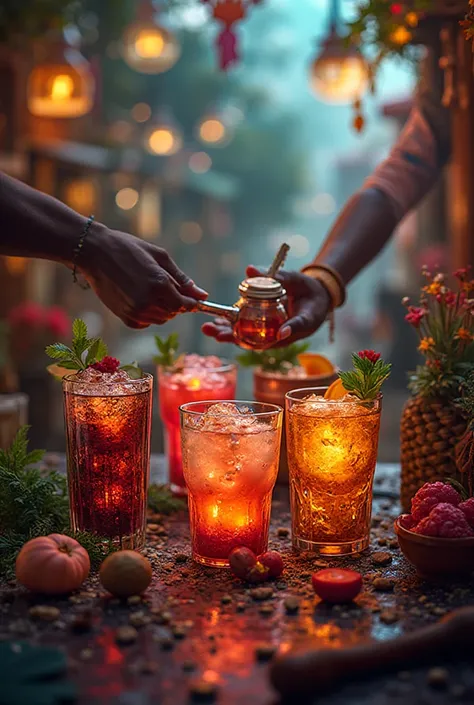 Make a colorful urban image with images of Frocolombian times

Title: Aphrodisiac drinks 

Made with natural ingredients , known...