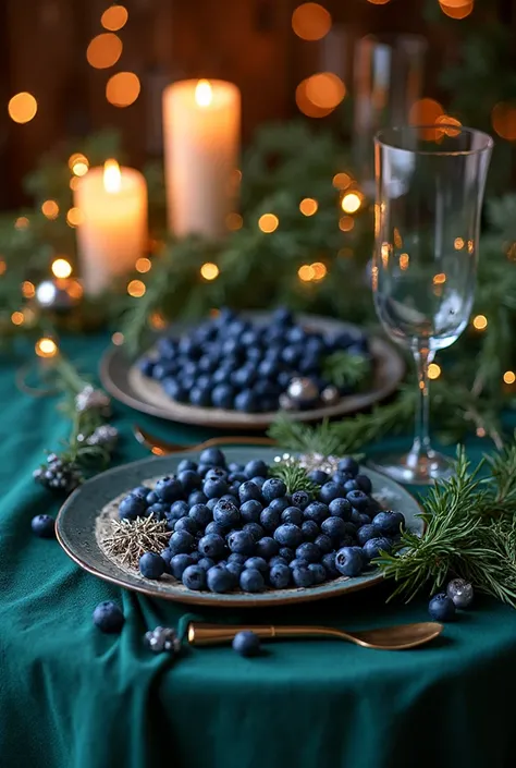 Create a beautiful Christmas table decor and include blueberries in the decor