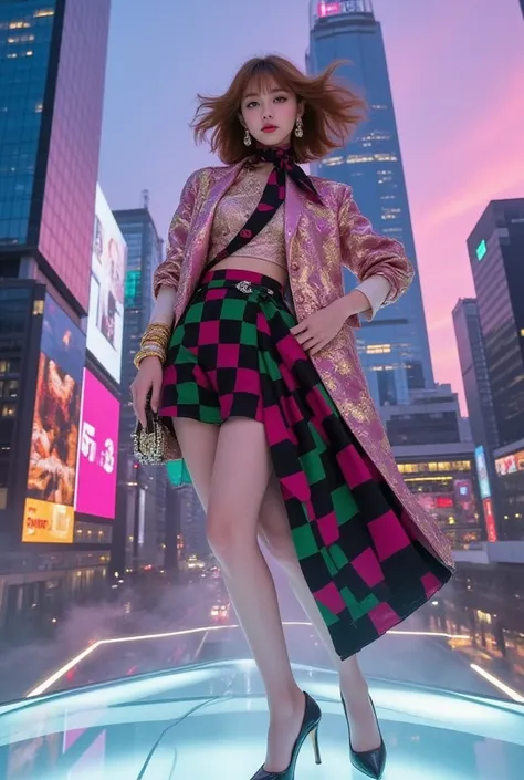 Hyper realistic, masterpiece, best quality, porcelain white skin, dramatic perspective. Whimsical model posing. Diagonal angle. ...