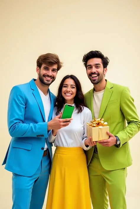 hree cheerful young people (two men and one woman) posing together in a bright studio, looking up at the camera and smiling. One...