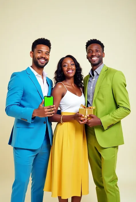 hree cheerful young people (two men and one woman) posing together in a bright studio, looking up at the camera and smiling. One...