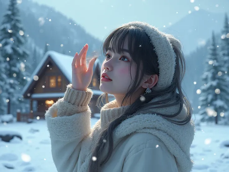 A snowy mountain lodge at noon, Snow falling from the sky, A woman holding her eyes with the palm of her hand while looking at t...