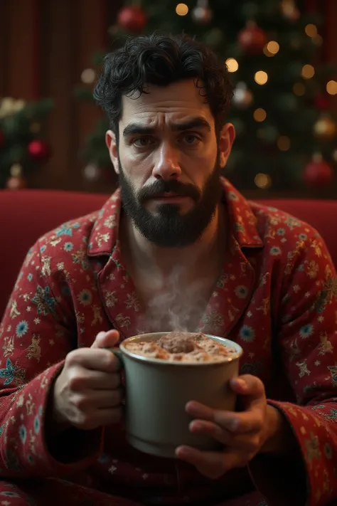 un vrai homme humain vêtu d'un pyjama de noël qui est triste , qui tient dans ses mains une tasse débordante de chocolat , sur f...