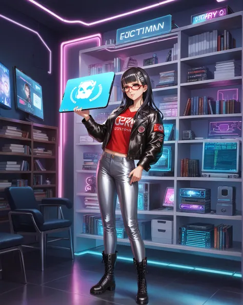 a stunning anime girl standing confidently against a minimalist background, (edgy modern style), (black hair with red gradient t...