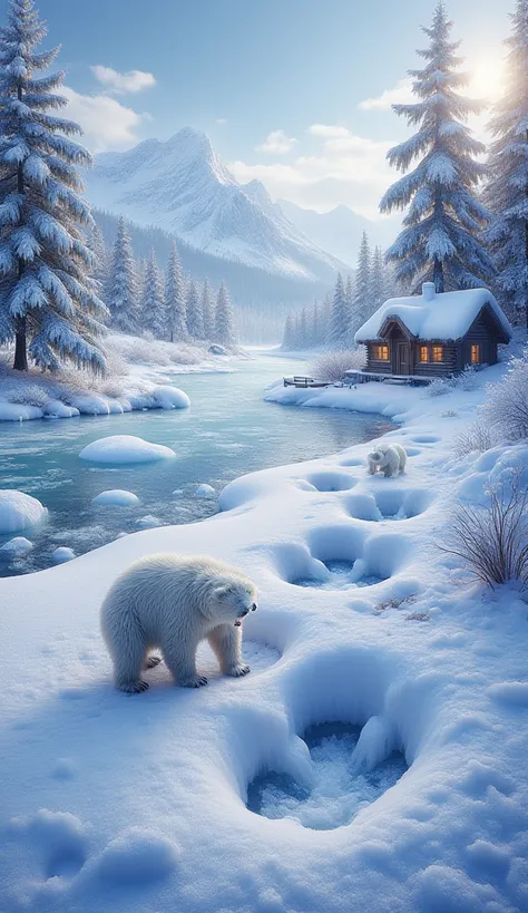 Round footprints of bears in snow, Mr.々details of the.  footprints are large , irregular shape, Mr.々scenes. There is a scene、aur...