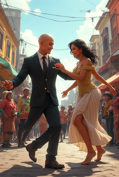 Generate a Saitama gangster who is dancing with the president of Peru Dina Boluarte a cumbia from group 5 