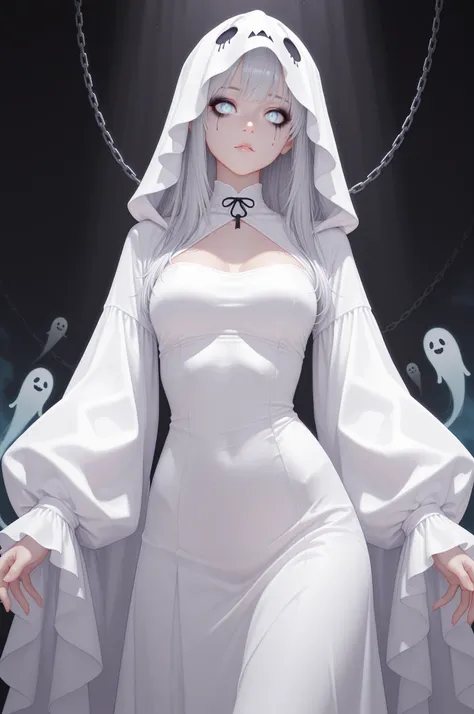 masterpiece, high quality, semi-realistic_style, 1girl, solo, modern_ghost_costume, form_fitting_white_dress, asymmetrical_desig...