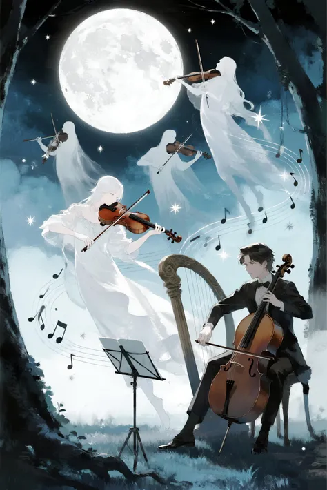 A serene and magical scene of ghostly musicians performing under a glowing full moon. Transparent, ethereal ghosts play violins,...