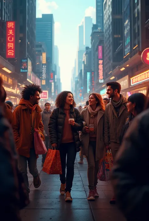 Generate clips of shopping bags,laughter and fast lifestyle ,make it real not cartoon