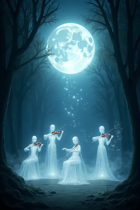 A serene and magical scene of ghostly musicians performing under a glowing full moon. Transparent, ethereal ghosts play violins,...