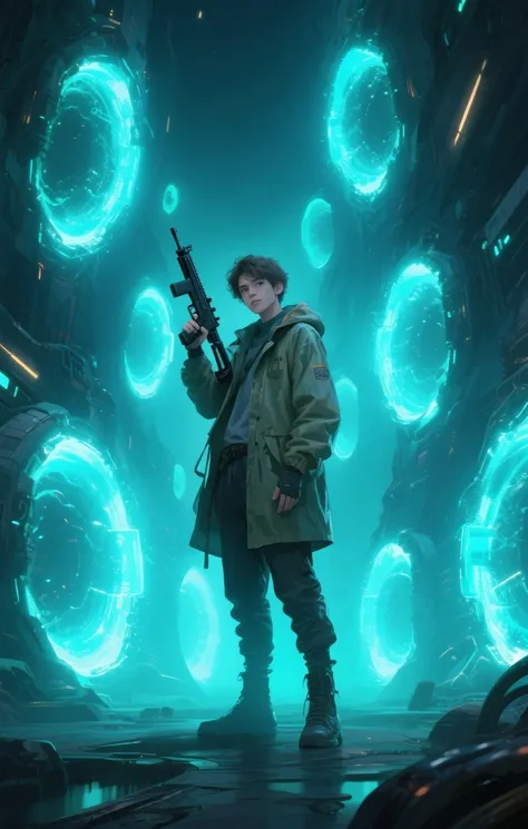 Um jovem de 20 anos, roupa do tempo, arma, portals being opened.