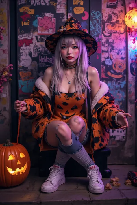 night, A wall with flashy graffiti overseas,neon,thick fur（fur）Wear a jacket of,black camouflage tank top,damaged denim pants,wh...